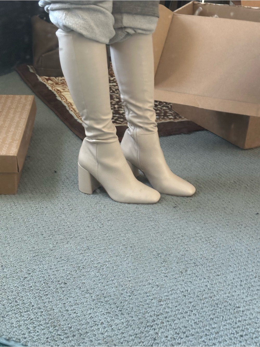 Women's Cream Knee-High Block Heel Boots